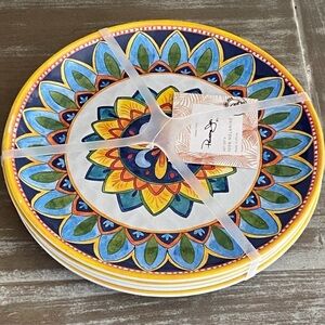 Panama Jacks Blue Spanish Style Tile Medallion MELAMINE Salad Plates Set 4 New